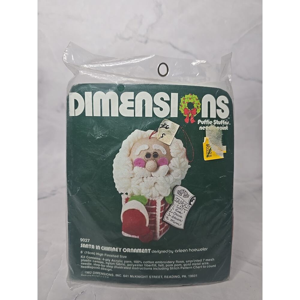 1982 Dimensions Puffie Stuffns Needlepoint Kit Santa in Chimney Ornament 6"